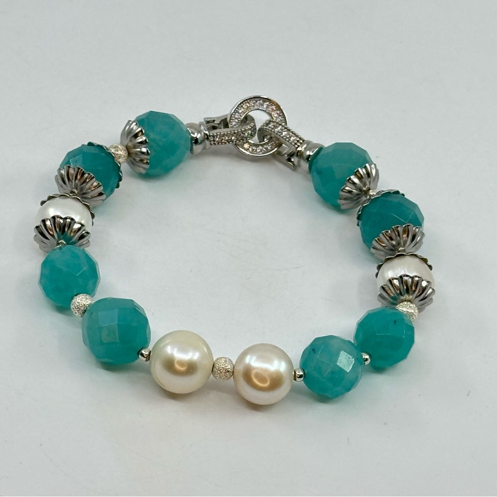 #326 New Handmade Faceted Amazonite and Natural Pearls Bracelet Premium Funding